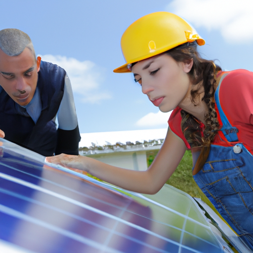 a man and woman working on a solar panel
