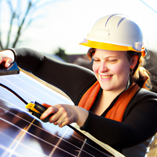 a female electrician working on a solar panel on a house

